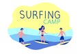 Surfing camp - active trip. Surfers with surfboards. Ocean, wave Royalty Free Stock Photo