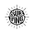 Surfing circle lettering with rays white Vector illustration
