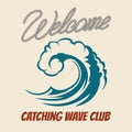 Surfing club emblem with killer wave. Vector vintage surf poster sea waves splash