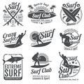 Surfing club vector vintage emblems. Surf board on wave signs