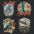 Surfing club vintage colorful emblems Royalty Free Stock Photo
