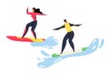 Surfing Competition, Man and Woman in Swimwear Riding Surf Boards by Huge Ocean Waves. Sports People in Motion