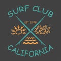 Surfing design California with the image of surfboards, sun, palm trees, waves. Royalty Free Stock Photo