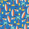 Surfing dogs seamless vector pattern. Repeating summer beach background with cute dogs wearing Hawaiian shirts Royalty Free Stock Photo