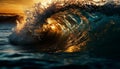 Surfing at dusk, men ride rippled wave pattern, extreme adventure generated by AI