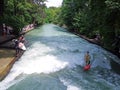 Surfing at Eisbach in Central Park, Munich, Germany