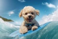 Surfing Elegance: Cute Poodle Dog Rides the Waves in Sunglasses - Generative AI