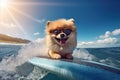Surfing Fluffball: Cute Pomeranian Dog Rides the Waves with Style - Generative AI