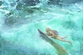 Surfing girl underwater watercolor
