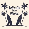 Surfing grunge typography with palm trees and surfboard. Graphics for design clothes, t-shirt, print product, apparel. Vector