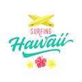 Surfing Hawaii Aloha lettering. Havaiian summer tropical sign, label, card template. Hibiscus flowers and surfing boards