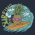 Surfing hawaii pineapple on surf bord for print Royalty Free Stock Photo