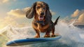 Surfing Hound Close-Up of a Funny Smiling Dachshund Riding the Waves - Generative AI Royalty Free Stock Photo