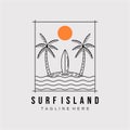 Surfing island line art logo vector illustration design. minimalist paradise island outline symbol