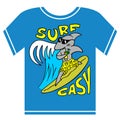 Surfing kids t-shirt illustration. Cool shark boy in glasses and beach shorts with cocktail. Royalty Free Stock Photo