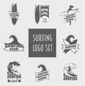 Surfing Labels And Design Elements With Surfer, Wave And Surfboard.