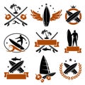 Surfing labels set. Vector