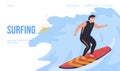 Surfing landing page video play web banner vector surfer surfboard riding wave extreme water sport