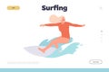 Surfing landing page website template with happy sportive woman character riding surfboard design
