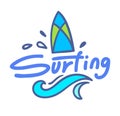 Surfing Lettering or Typography Design, Badge with Doodle Elements Surf Board with Sea Waves. Summer Time Vacation, Travel Royalty Free Stock Photo