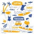 Surfing lifestyle motivational vector design with people, ocen elements and lettering