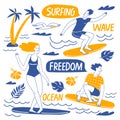 Surfing lifestyle motivational vector design with people, ocen elements and lettering