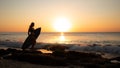 Surfing lifestyle. Surfer girl holding surfboard on the beach. Silhouette of surfer girl during sunset. Golden sunset time. Bali, Royalty Free Stock Photo