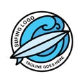 A surfing logo that depicts a fearless wave rider carving through the endless blue sea, embodying the thrill and excitement of