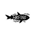 Surfing logo, hand drawn design element with wild shark can be used for surf club, shop, clothes print, emblem, badge Royalty Free Stock Photo