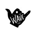 Surfing logo, shaka hand sign hand drawn design element can be used for surf club, shop, clothes print, emblem, badge Royalty Free Stock Photo