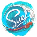 Surfing logo with stylised handwritten sign and colourful ocean wave placed on the textured spot.