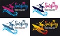 Surfing logo for Surf Club or shop. Lettering emblem of Surf club with surfing board and surfer silhouette background