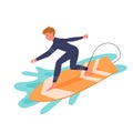Surfing man in wetsuit on surf board, active happy young surfer guy catching ocean wave