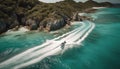 Surfing men catch waves, drone captures beauty generated by AI