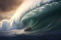 Surfing ocean wave with a boat. 3D Rendering, Extreme surfers surfing on the huge sea waves, rear view, no visible faces, AI