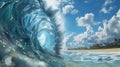 Surfing an ocean wave in its tube form on a sunny day with gentle light. Hyperrealistic.