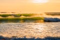 Surfing in ocean at waves. Surfer on sea wave with warm colours of sunset Royalty Free Stock Photo