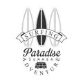 Surfing paradise summer adventure logo template, black and white vector Illustration