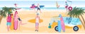 Surfing people enjoy summer vacation on ocean beach, young attractive boys and girls, vector illustration Royalty Free Stock Photo