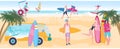 Surfing people enjoy summer vacation on ocean beach, young attractive boys and girls, vector illustration