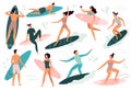 Surfing people. Surfer standing on surf board, surfers on beach and summer wave riders surfboards vector illustration