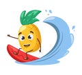 Surfing pineapple character. Cute funny pineapple on surfboard. Vacation concept. Tropical hawaii lifestyle, summer resort.