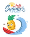 Surfing pineapple character. Hello summer. Pineapple on surfboard. Vacation concept. Tropical hawaii lifestyle. Pineapple juice, Royalty Free Stock Photo