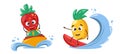 Surfing pineapple character. Strawberry character rides a jet ski. Vacation concept. Tropical hawaii lifestyle. Pineapple juice, Royalty Free Stock Photo