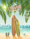 Surfing poster with tropical beach background.