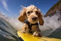 a surfing puppy with a safety leash attached on a clear wave