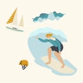 Surfing Recreation in Ocean. Young Woman Surfer Character in Swim Wear Riding Big Sea Wave on Board. Summertime Activity