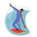 Surfing Relax in Ocean. Young Man Surfer in Swim Wear Keep Balance on Board Riding Big Sea Wave. Character Active Life Royalty Free Stock Photo