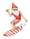 Surfing Santa Claus cartoon, isolated on white. Watercolor illustration