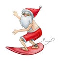 Surfing Santa Claus cartoon, isolated on white. Watercolor illustration